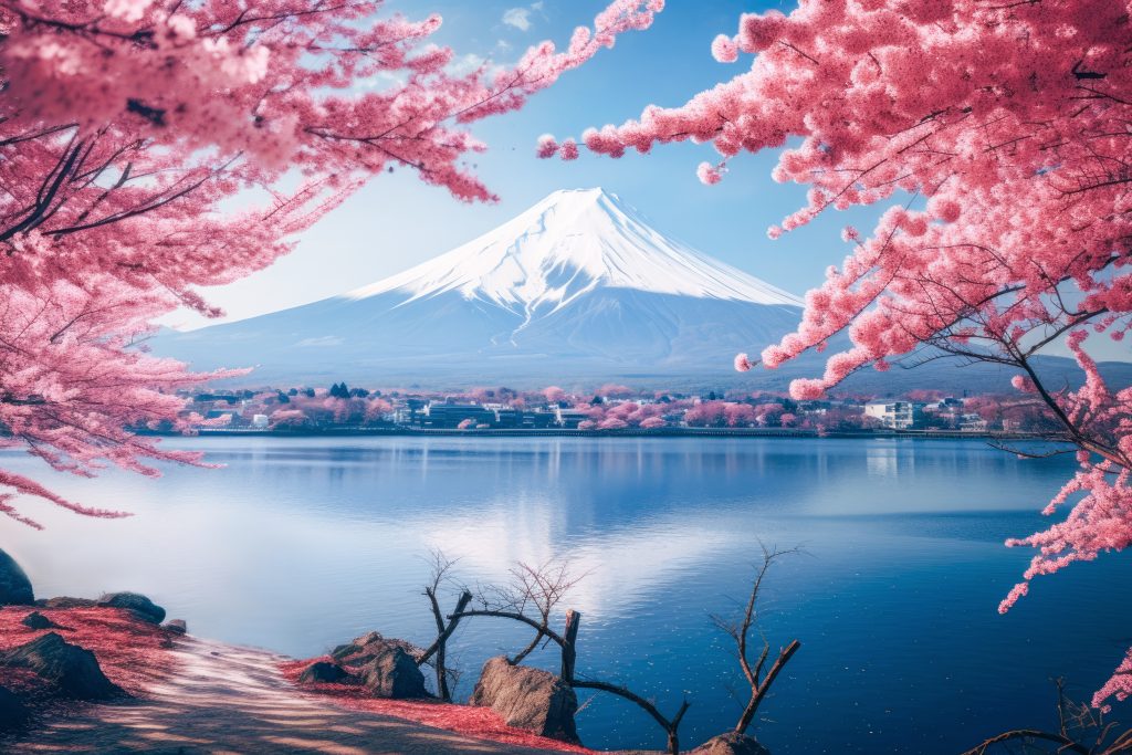 The breathtaking Mount Fuji stands majestically over a serene lake, surrounded by vibrant flowers and lush trees