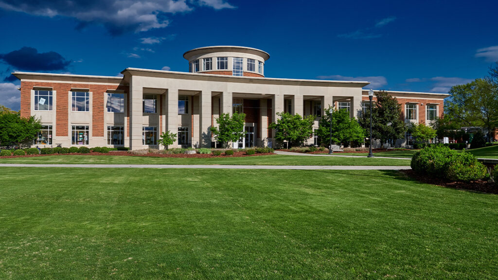 the Elliott University Center building, as seen from the front lawn